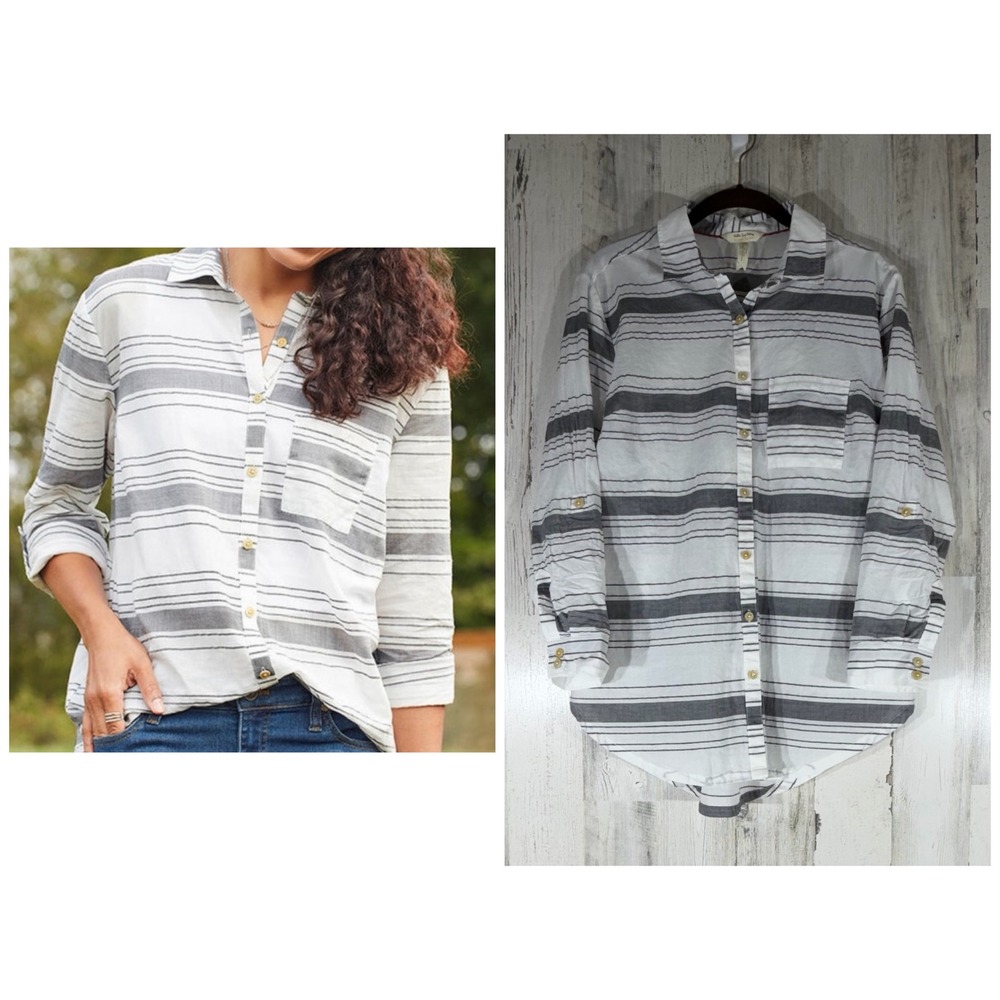 Matilda Jane x Joanna Gaines Button Down Shirt Small White Gray Striped Roll Tab